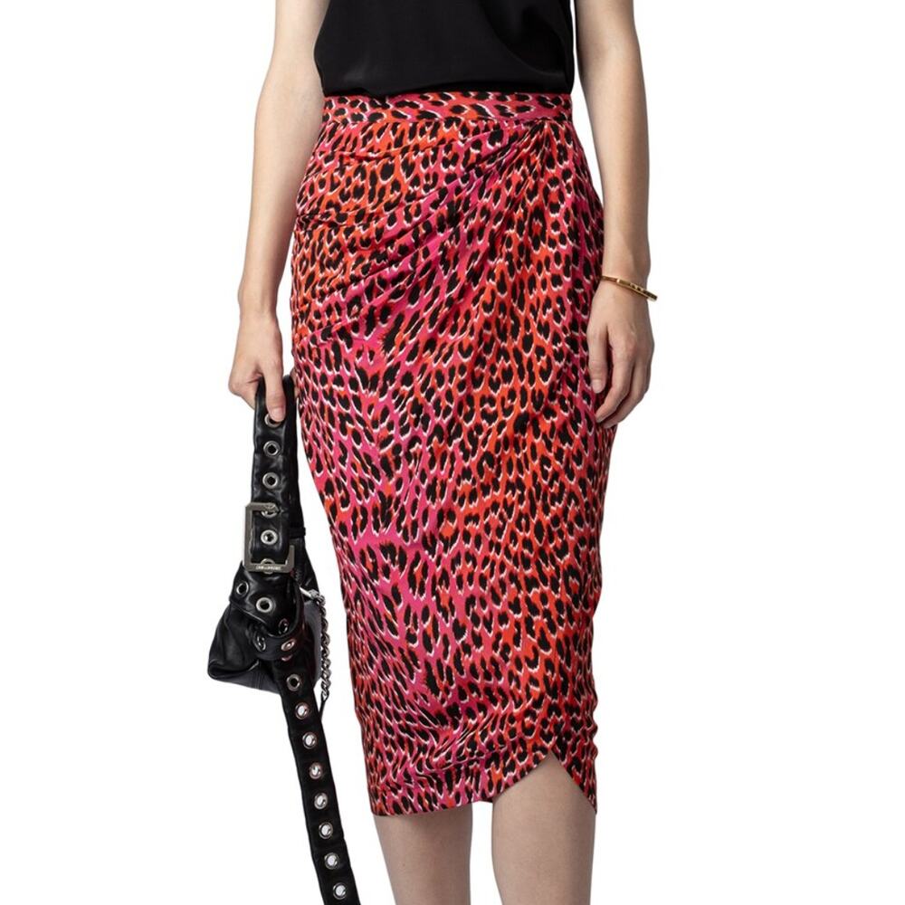 Zadig & Voltaire Silk Skirt Size 10 42 Pink Leopard Print Chic Wrap Large NWT